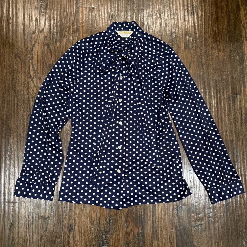 Vintage Navy Polka Dot Tie-Neck Blouse